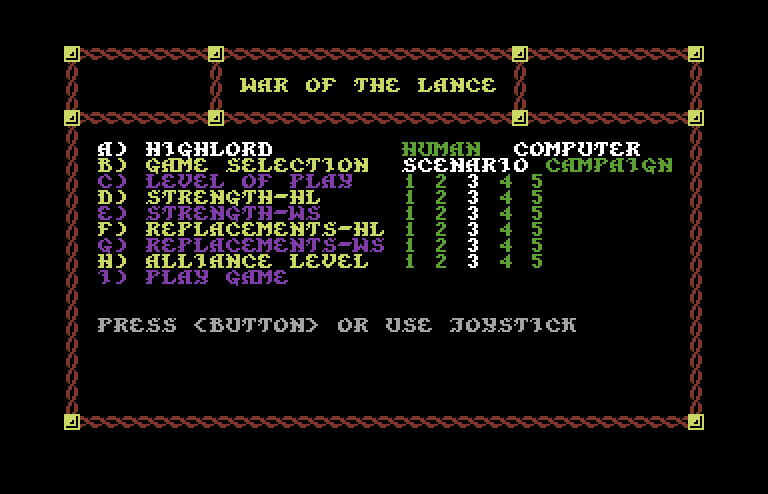 War of the Lance Commodore 64 Screenshot: The main menu.