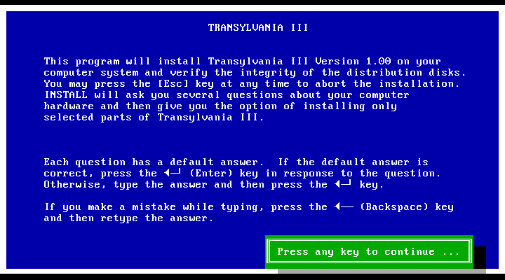 Transylvania III: Vanquish the Night IBM PC/Compatibles Screenshot: Install information.