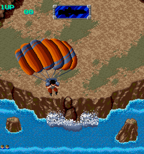 Heavy Barrel Arcade Screenshot: Parachuting in to the first level...