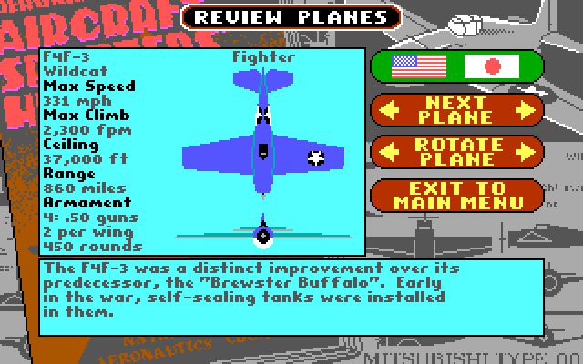 Battlehawks 1942 IBM PC/Compatibles Screenshot: Reviewing the planes...