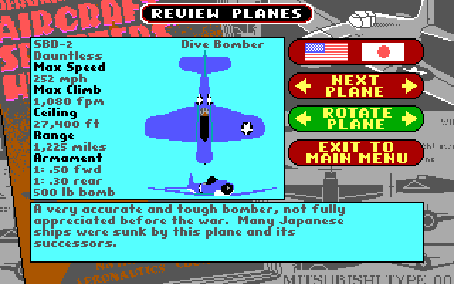 Battlehawks 1942 IBM PC/Compatibles Screenshot: Review the planes...