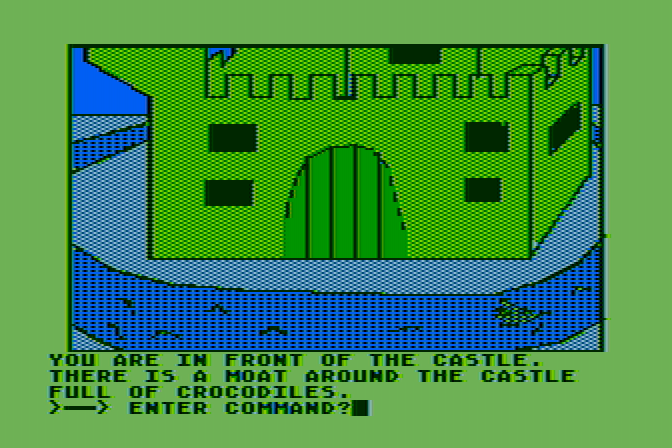 Hi-Res Adventure #2: The Wizard and the Princess Atari 8-bit Screenshot: The castle is guarded by a moat...