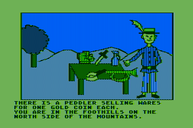 Hi-Res Adventure #2: The Wizard and the Princess Atari 8-bit Screenshot: A peddler! What should I buy?