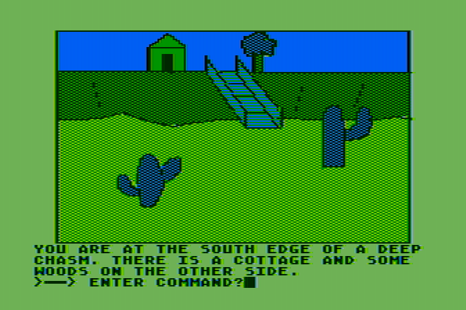Hi-Res Adventure #2: The Wizard and the Princess Atari 8-bit Screenshot: At the edge of a deep chasm...