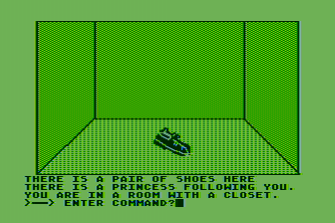 Hi-Res Adventure #2: The Wizard and the Princess Atari 8-bit Screenshot: Found some shoes in the closet...