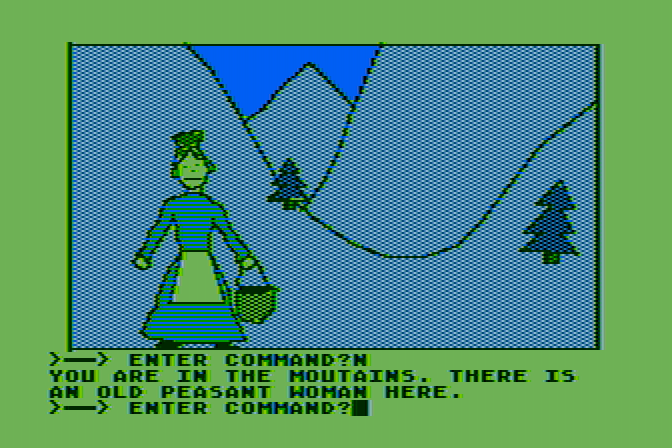 Hi-Res Adventure #2: The Wizard and the Princess Atari 8-bit Screenshot: Exploring the mountains...