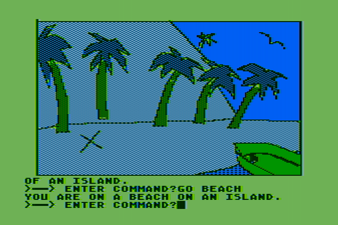 Hi-Res Adventure #2: The Wizard and the Princess Atari 8-bit Screenshot: Landed on a beach...