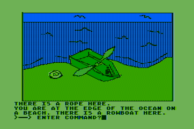 Hi-Res Adventure #2: The Wizard and the Princess Atari 8-bit Screenshot: Ah, a boat! Very useful...