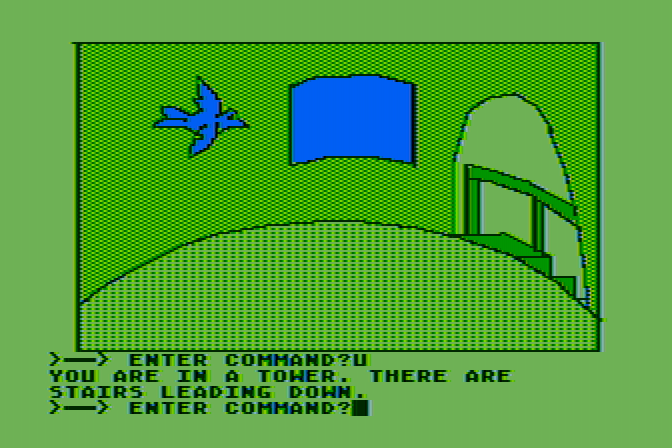 Hi-Res Adventure #2: The Wizard and the Princess Atari 8-bit Screenshot: A bird flies by!