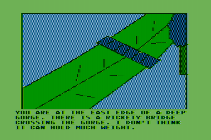 Hi-Res Adventure #2: The Wizard and the Princess Atari 8-bit Screenshot: Yet another bridge, and this one is rickety...