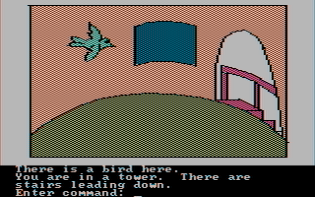 Hi-Res Adventure #2: The Wizard and the Princess IBM PC/Compatibles Screenshot: A bird sometimes flies through this room.