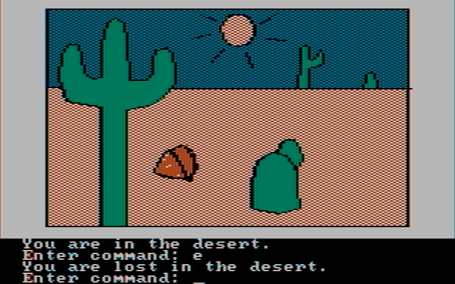 Hi-Res Adventure #2: The Wizard and the Princess IBM PC/Compatibles Screenshot: One of many rocks in the desert; could there be another snake hiding beneath it?