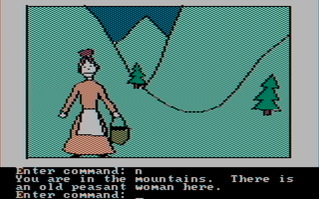 Hi-Res Adventure #2: The Wizard and the Princess IBM PC/Compatibles Screenshot: A woman in the mountains...