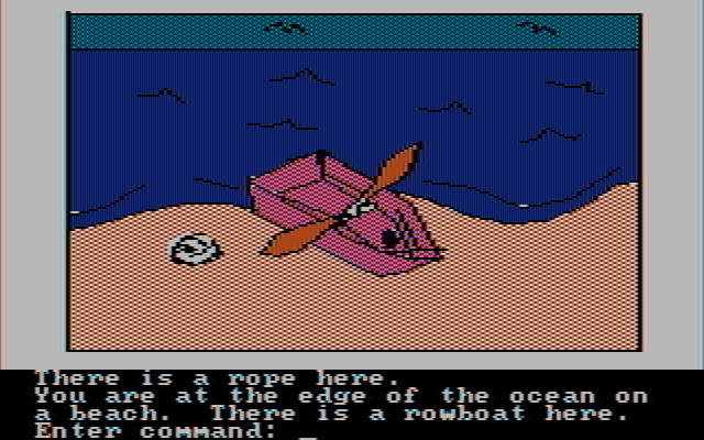 Hi-Res Adventure #2: The Wizard and the Princess IBM PC/Compatibles Screenshot: Ah, a boat! Time to set sail...