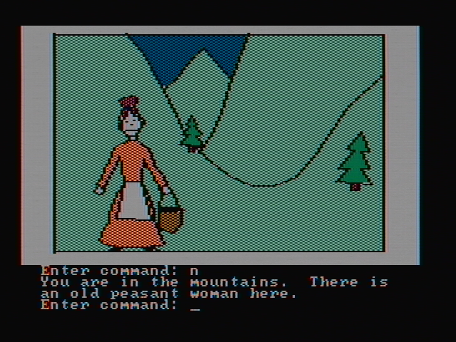 Hi-Res Adventure #2: The Wizard and the Princess IBM PC/Compatibles Screenshot: A woman in the mountains.