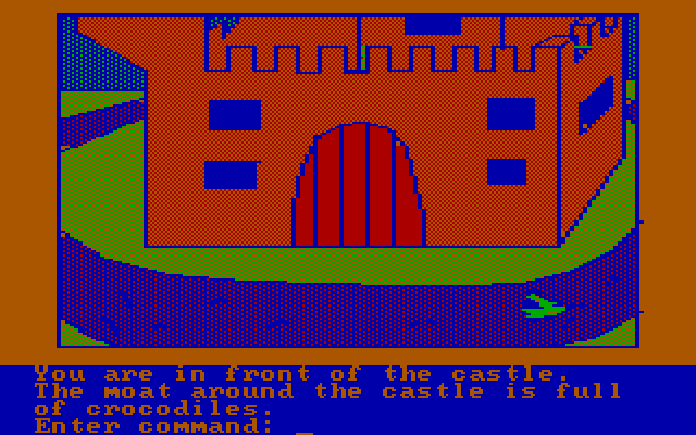 Hi-Res Adventure #2: The Wizard and the Princess IBM PC/Compatibles Screenshot: Don't fall into the moat!