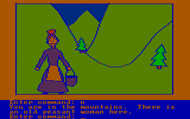 Hi-Res Adventure #2: The Wizard and the Princess IBM PC/Compatibles Screenshot: A woman in the mountains.