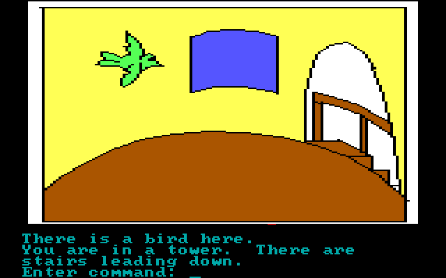 Hi-Res Adventure #2: The Wizard and the Princess IBM PC/Compatibles Screenshot: There is a bird flying by...