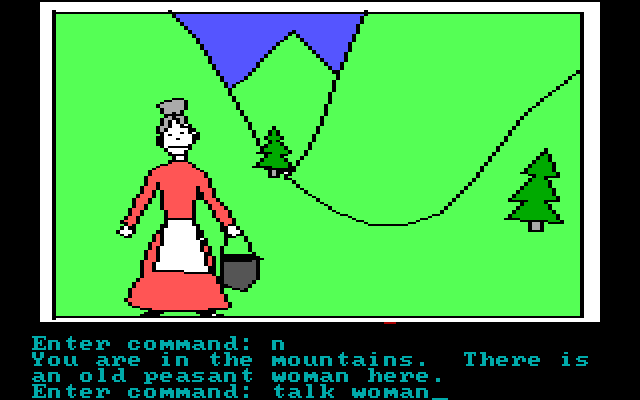 Hi-Res Adventure #2: The Wizard and the Princess IBM PC/Compatibles Screenshot: Talking with a woman hanging out in the mountains.