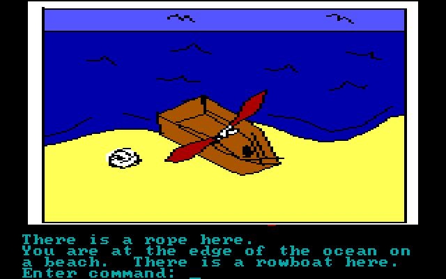 Hi-Res Adventure #2: The Wizard and the Princess IBM PC/Compatibles Screenshot: Ah, a boat! This could be useful.