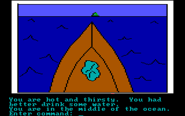 Hi-Res Adventure #2: The Wizard and the Princess IBM PC/Compatibles Screenshot: Being out at sea can make you thirsty.