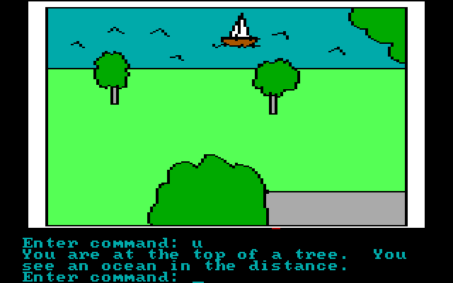 Hi-Res Adventure #2: The Wizard and the Princess IBM PC/Compatibles Screenshot: I see a boat in the distance!