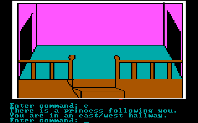 Hi-Res Adventure #2: The Wizard and the Princess IBM PC/Compatibles Screenshot: The princess follows you...now to find a way out of here.