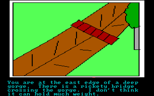 Hi-Res Adventure #2: The Wizard and the Princess IBM PC/Compatibles Screenshot: This bridge doesn't look safe...
