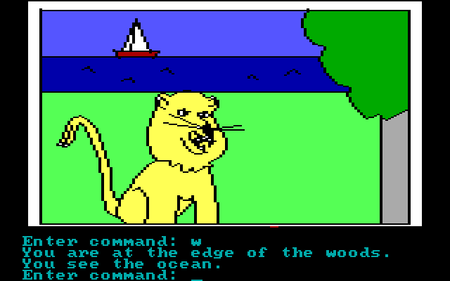 Hi-Res Adventure #2: The Wizard and the Princess IBM PC/Compatibles Screenshot: A lion blocks the path.