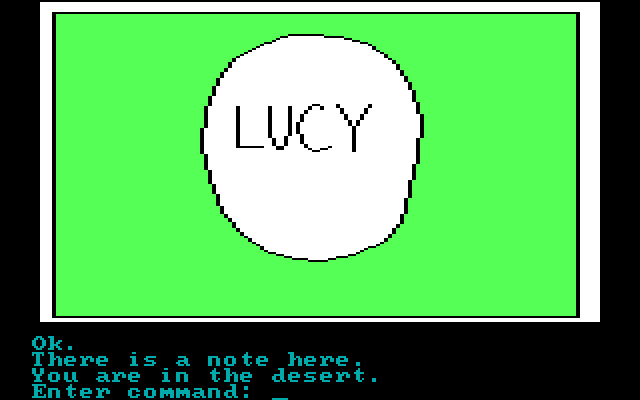 Hi-Res Adventure #2: The Wizard and the Princess IBM PC/Compatibles Screenshot: Found a strange note that says "Lucy"...