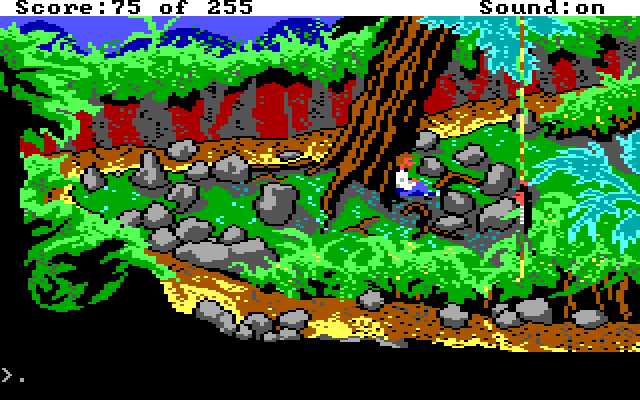 Gold Rush! IBM PC/Compatibles Screenshot: Hang on to this rope to avoid the deadly ants!