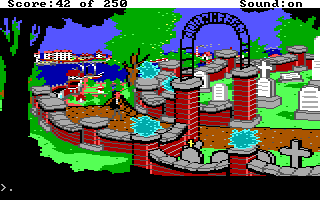 Gold Rush! IBM PC/Compatibles Screenshot: Looks like a cemetary up ahead...