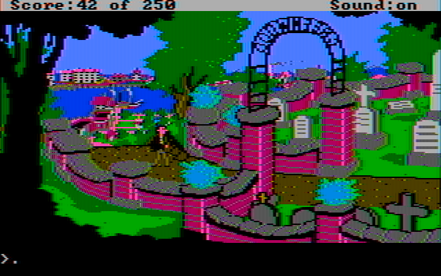 Gold Rush! IBM PC/Compatibles Screenshot: A cemetary up ahead...