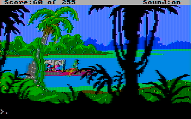 Gold Rush! IBM PC/Compatibles Screenshot: Paddling down a river...