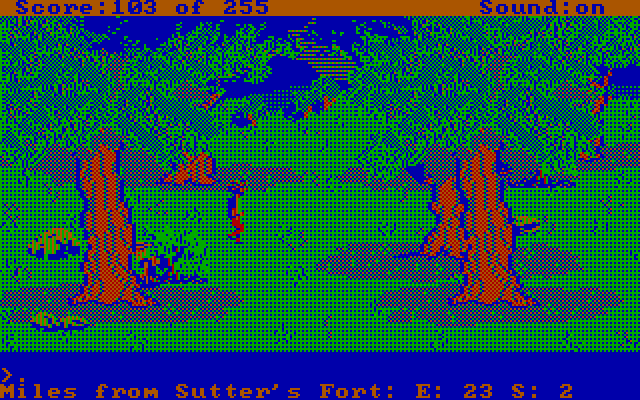 Gold Rush! IBM PC/Compatibles Screenshot: There's even people in the woods digging for gold...