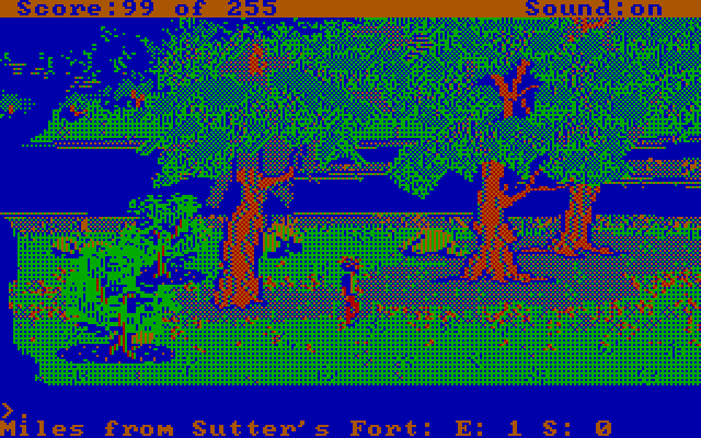 Gold Rush! IBM PC/Compatibles Screenshot: Searching for a place to begin panning...