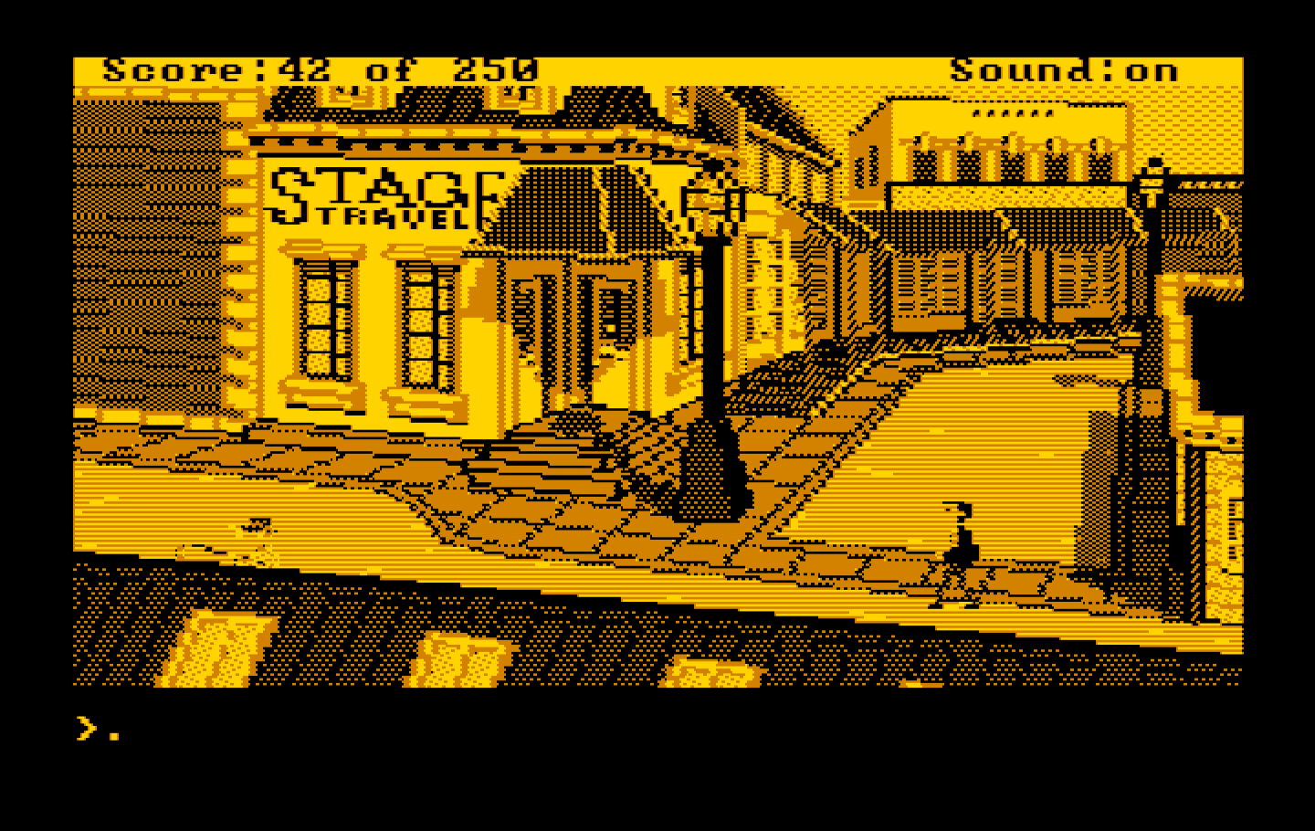 Gold Rush! IBM PC/Compatibles Screenshot: If you want to (or have to) travel by stagecoach, visit this store downtown.
