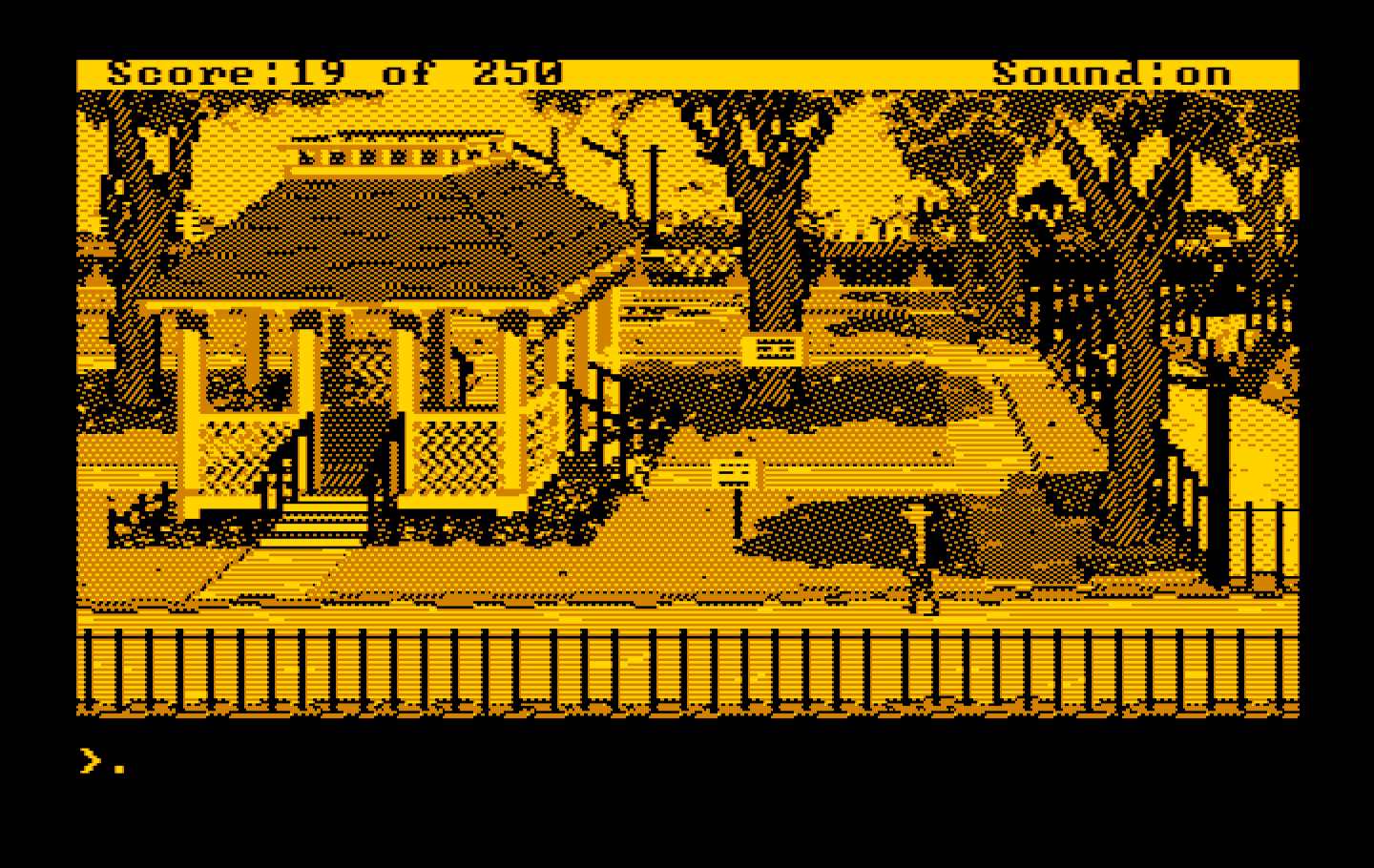 Gold Rush! IBM PC/Compatibles Screenshot: Don't walk on the grass here...