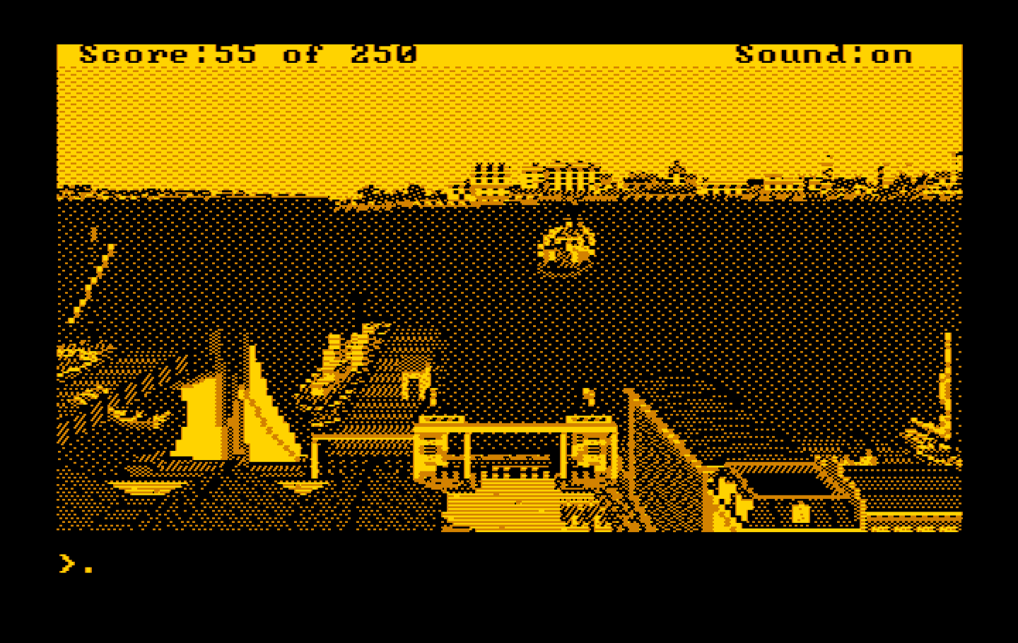 Gold Rush! IBM PC/Compatibles Screenshot: The ferry crossing the river...