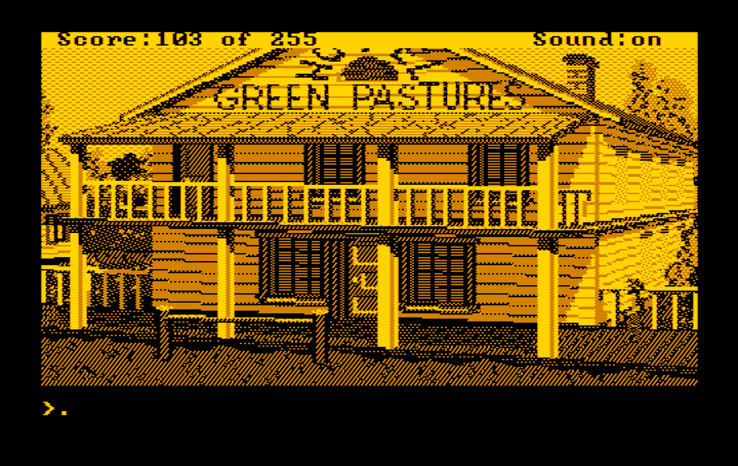 Gold Rush! IBM PC/Compatibles Screenshot: Welcome to the Green Pastures hotel.