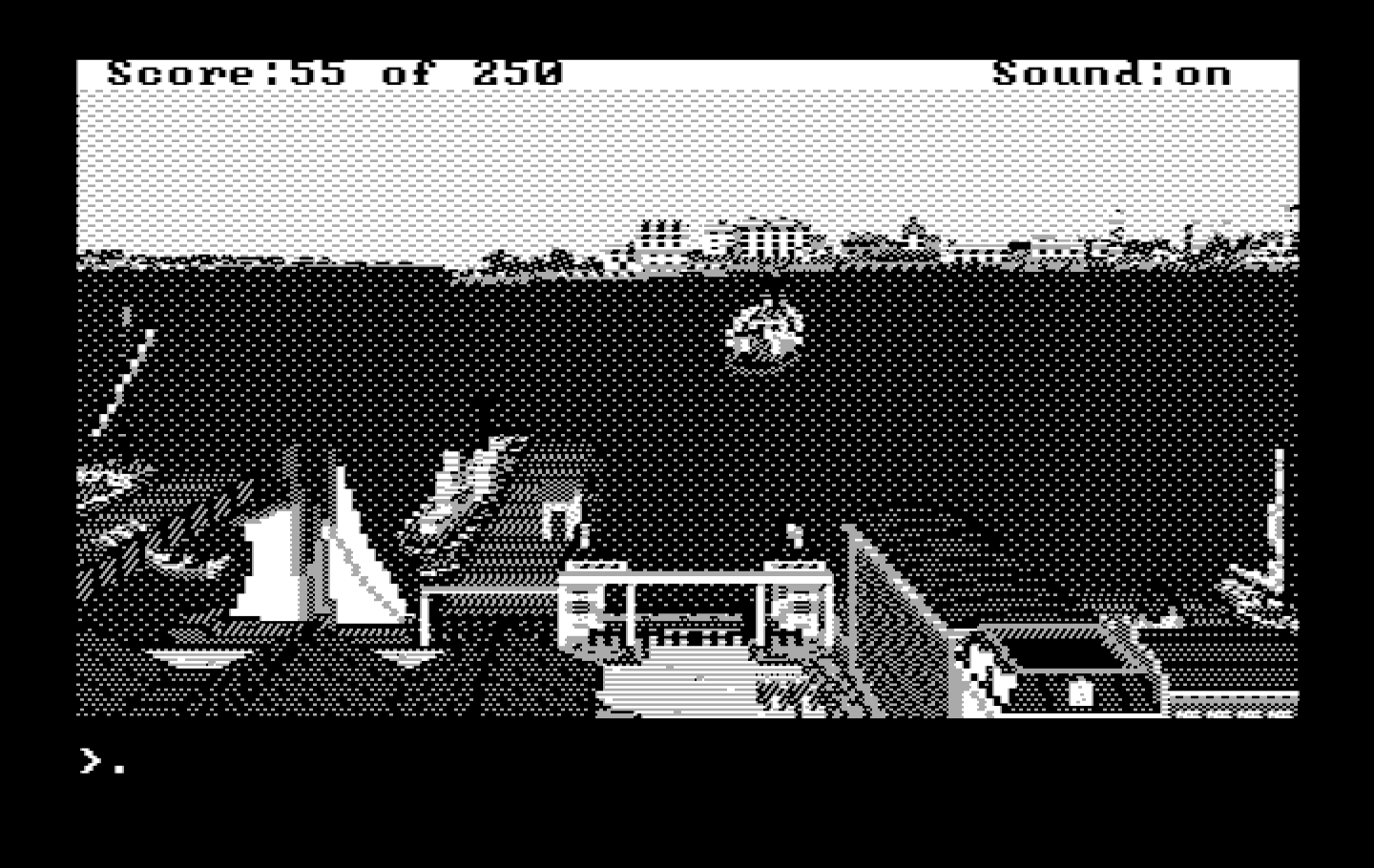 Gold Rush! IBM PC/Compatibles Screenshot: The ferry crossing the river...
