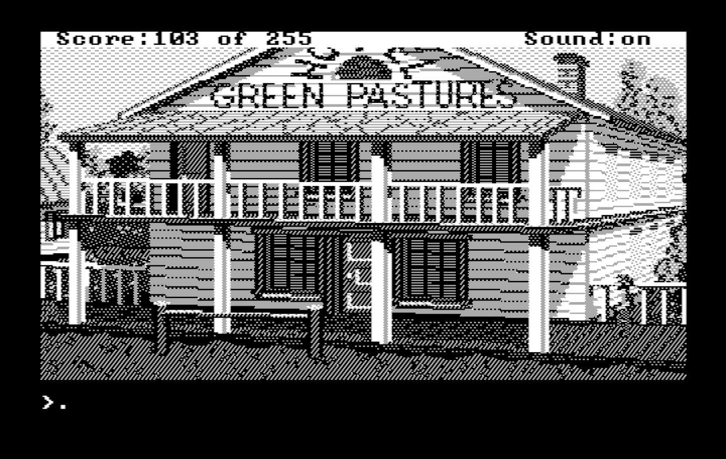 Gold Rush! IBM PC/Compatibles Screenshot: Welcome to the Green Pastures hotel.