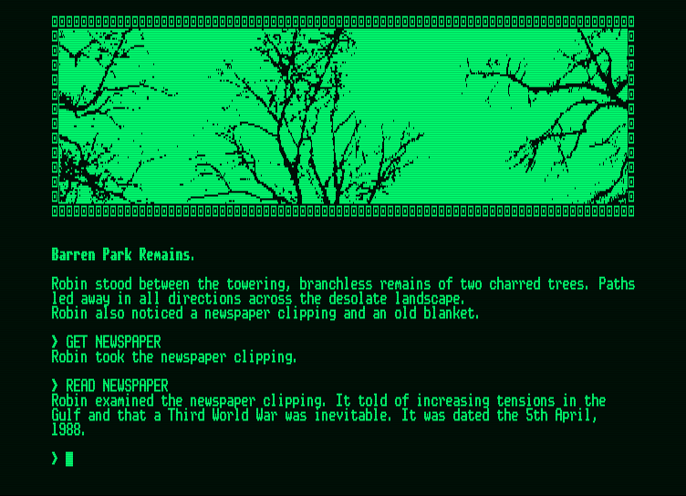 Mindfighter Amstrad PCW Screenshot: In the barren park remains.