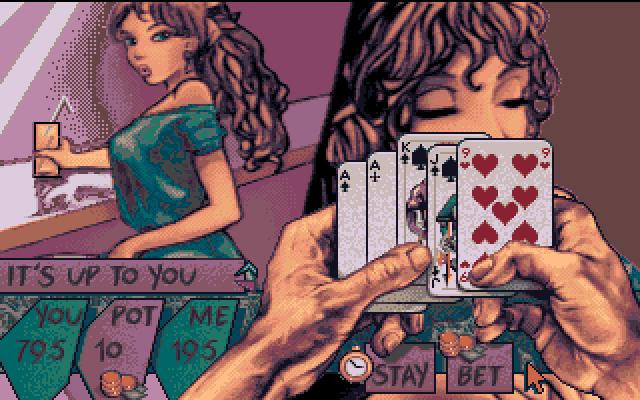 Teenage Queen Amiga Screenshot: A pair of aces...maybe worth betting...