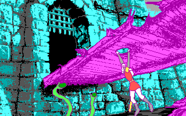 Dragon's Lair IBM PC/Compatibles Screenshot: Fell through a hole...and evil looking tentacles approach!
