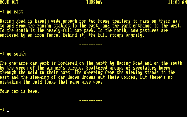 High $take$ IBM PC/Compatibles Screenshot: Hmm, my car is here...that could be useful...