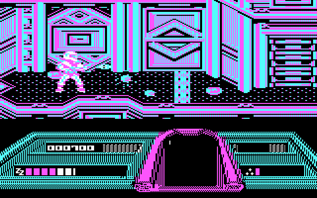 Dream Warrior IBM PC/Compatibles Screenshot: Those force fields get in the way, step on a few of the discs to make it disappear.