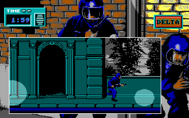 Hostage: Rescue Mission IBM PC/Compatibles Screenshot: Don't be seen by the search lights or you'll be shot.