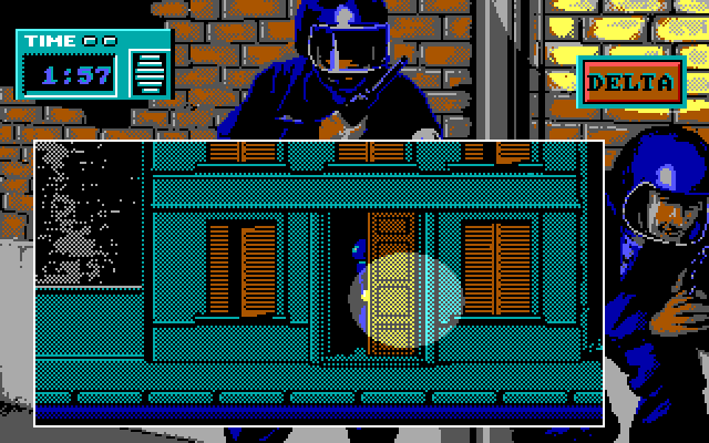 Hostage: Rescue Mission IBM PC/Compatibles Screenshot: Hide in doors and windows to avoid being seen.