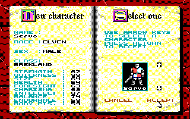 Knights of Legend IBM PC/Compatibles Screenshot: Creating a character.